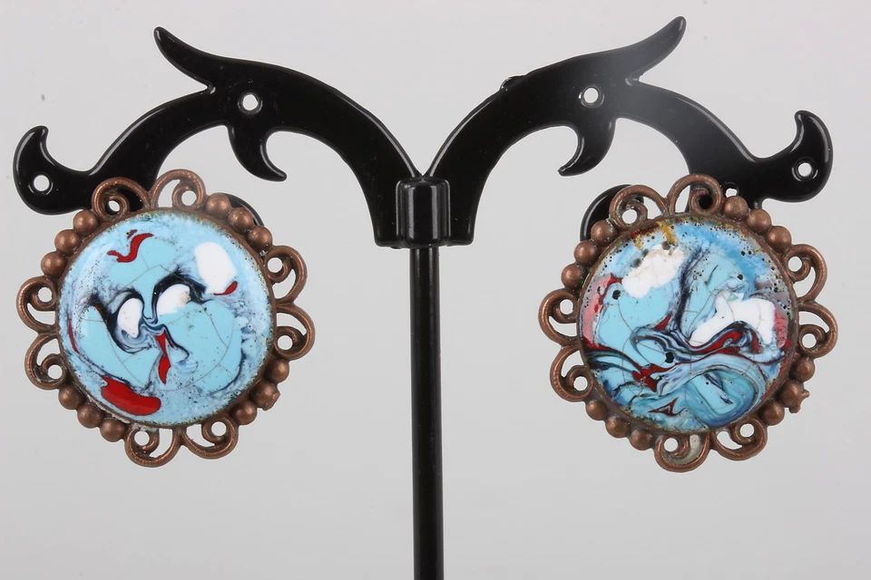 VINTAGE COPPER COSTUME CERAMIC STERLING SCREWBACK EARRINGS FASHION 8743 - Image 1 of 2