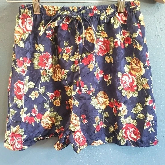 MORGAN TAYLOR 100% silk blue red floral shorts sz Small pull on stretch EUC - Image 1 of 4