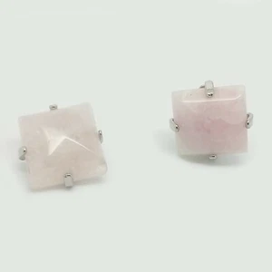White Gold Square Earrings for Women with Rose Quartz, Cute Ear Clip for Ladies - Picture 1 of 9