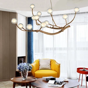 12-Lights Chandelier Wood Branch Pendant Lamp Glass Bubble LED Lighting Fixture - Picture 1 of 23