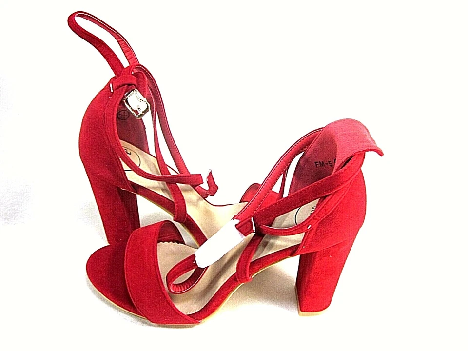 Essex Glam Womens Block Heel Ankle Strap Sandals, Red Faux Suede Size 5, Eur 38 - Image 1 of 4