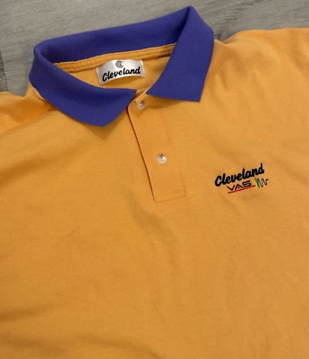 Vintage 1990s Cleveland VAS Polo Golf Shirt Mustard & Purple Size XL 100% Cotton - Image 1 of 4