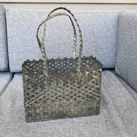 VINTAGE WOVEN TIN METAL BASKET WITH HANDLES Cover