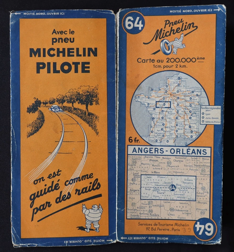 Tarjeta MICHELIN 64 ANGERS ORLEANS 1939 Guía Bibendum neumáticos mapa - Imagen 1 de 1