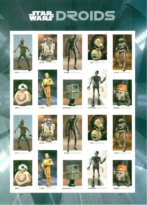 Hoja de 20 estampillas Forever 2021 de droides de Star Wars MNH Foto 1 de 2