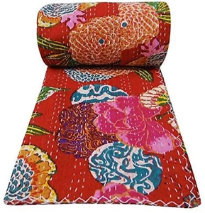 Edredón Kantha de algodón con estampado de frutas edredón decoración del hogar 90"x108 pulgadas - Imagen 1 de 5