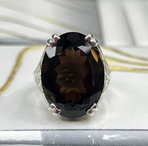 Excellent Natural Smokey Quartz Ring Solid Silver 15X20 MM Oval Cut Women’s Ring - Picture 1 of 6