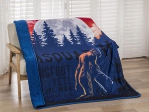 New Sasquatch Big Foot Plush Fleece Throw Gift Blanket Sherpa Full Moon Red Sky - Picture 1 of 4