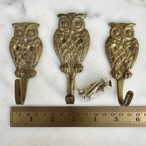 Vintage Brass Owl Wall Hooks Set of 3 MCM Wall Mount Hanging Coat Hat Bird Screw - Picture 1 of 6