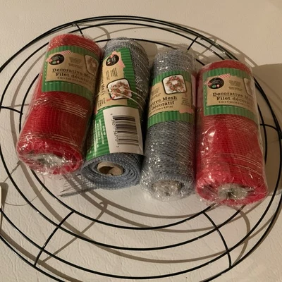 4 Rolls Of Deco Mesh 2 Red And 2 Silver Each  6"X 5YD And Wreath Form - Image 1 of 4