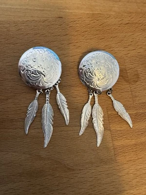 Vintage Western Silver Tone Concho Feather Dangle Earrings Boho Cowgirl Style - Image 1 of 3