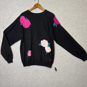 Sudadera vintage Hanes para mujer XL negra floral rosa apliques estrás años 90 - Imagen 1 de 10