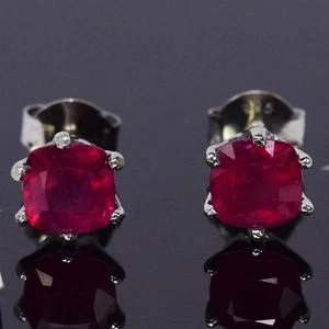 925 STERLING SILVER STUD EARRING NATURAL PURPLE BLOO D RED RUBY CUSHION GEMSTONE - Picture 1 of 8