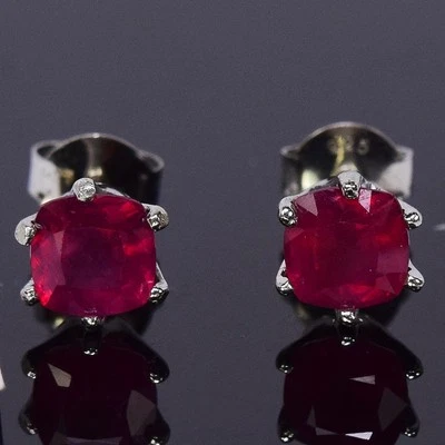 925 STERLING SILVER STUD EARRING NATURAL PURPLE BLOO D RED RUBY CUSHION GEMSTONE - Image 1 of 4