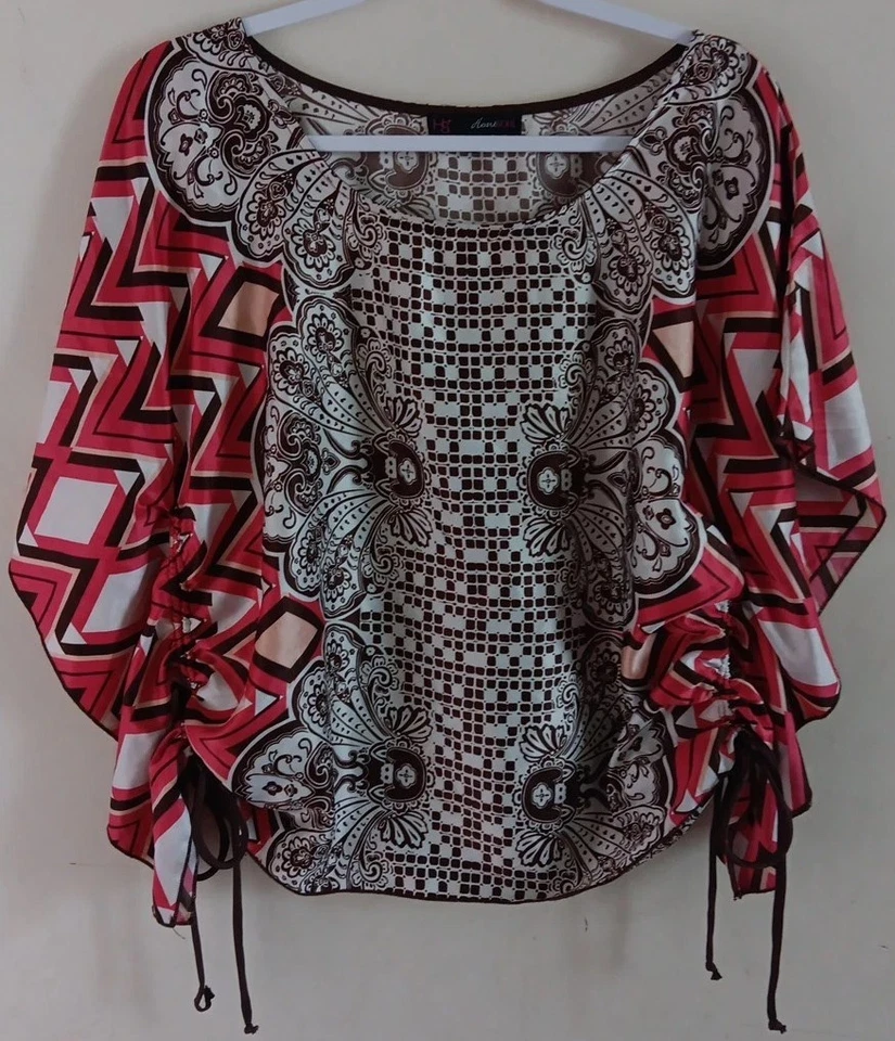 Heartsoul 真丝上衣女式 M 粉色/棕色波西米亚浪漫永恒 70 年代复古外观 — 第 1/4 张图片