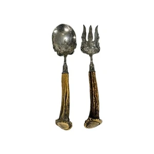 Vintage Meriden Britannia M.B. Co. Silverplated Antler Handle Salad Serving Set - Picture 1 of 18