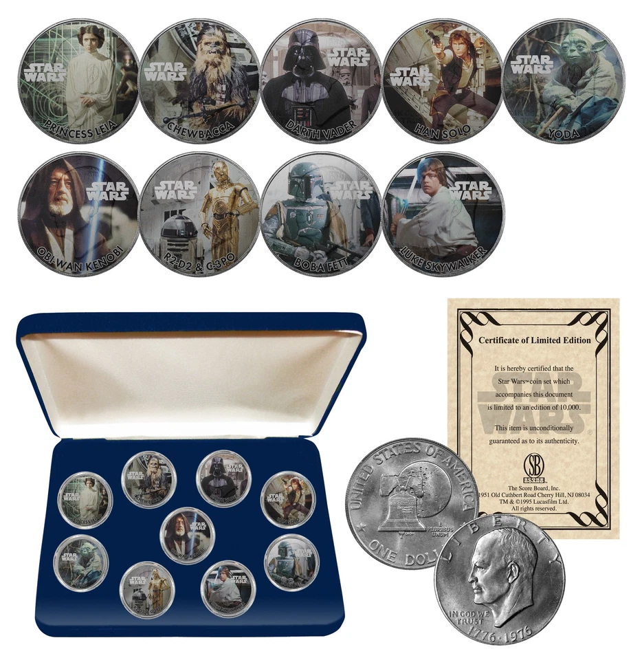 Juego de 9 monedas de dólar Eisenhower 1976 genuino Star Wars con caja - licencia oficial Foto 1 de 1