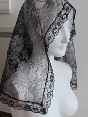 Floral Lace Mantilla D Shape Vintage Style Church Shawl Veil Silver Black Scarf — 第 1/4 张图片