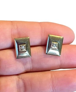 Yellow Gold Plated Cubic Zirconia Rectangle Stud Earrings 0.5 Inch 4.07 Grams - Picture 1 of 10