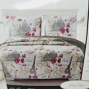 3pc PARIS LOVE King QUILT & SHAM SET Romantic Eiffel Tower Tour Postcard Flower - Picture 1 of 12