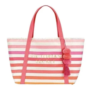 NEW! Victoria Secret Pink & White Large Striped Shopping Tote $58 - Picture 1 of 2
