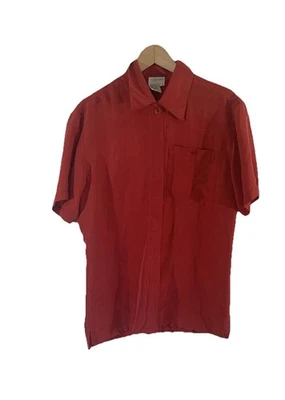 Harnold 女式衬衫小号短袖红色 100% 真丝纽扣领 — 第 1/4 张图片