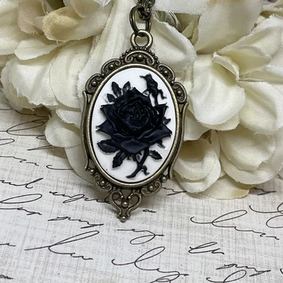 Halloween Gothic Viking Birthday Bronze Necklace Black White Rose Cameo  Jewelry - Image 1 of 4