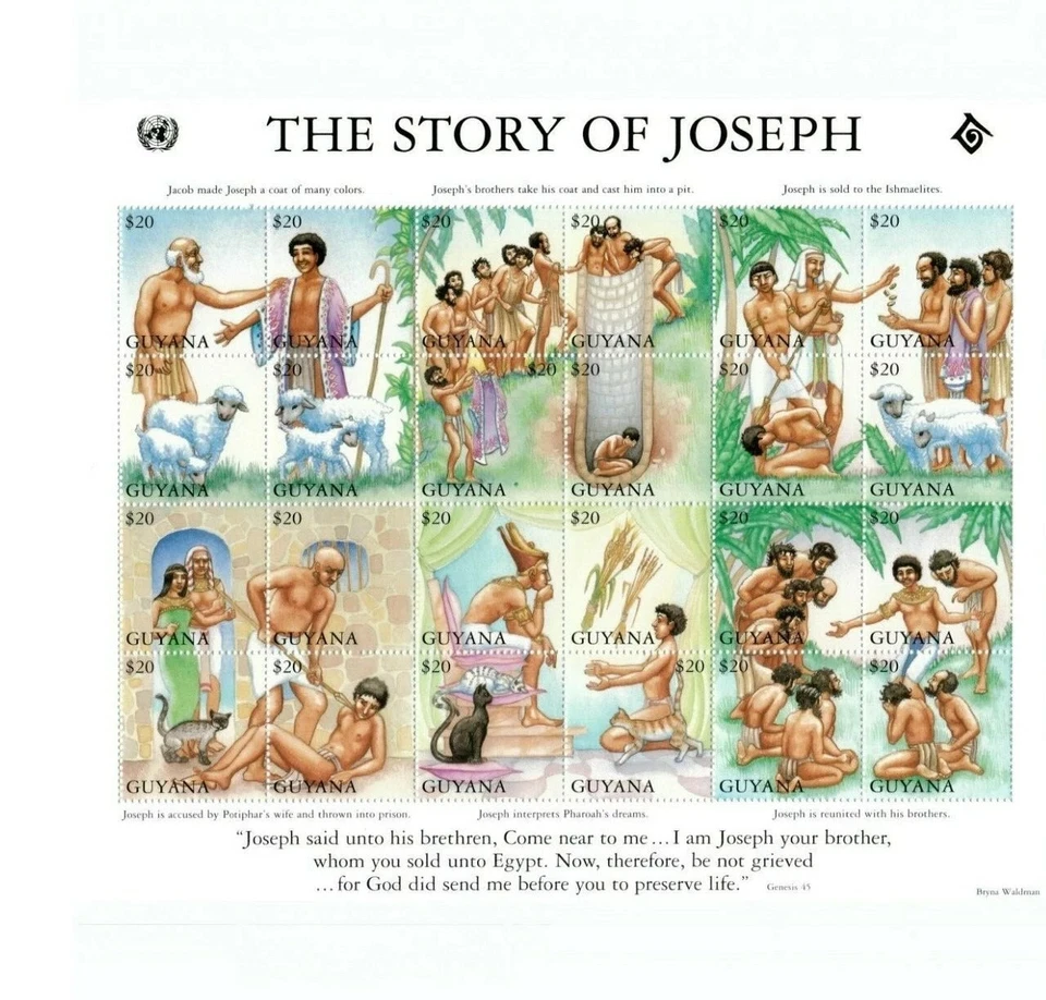 Guyana 1994 Historias Bíblicas Historia de José Hoja de 24 Estampillas Scott #2834 MNH Gema Foto 1 de 2