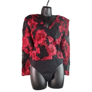 Express Women's Ss Small Lace Bodysuit Black Red Floral Embroidered Long Sleeve - Picture 1 of 16