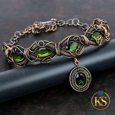 Collar de cumpleaños artesanal envuelto en alambre cadena boda cobre peridoto natural Foto 1 de 4