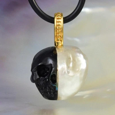 Skull IN Der Süd See Perle Anhänger Geschnitzter Schwarz Stift Muschel & Vermeil - Bild 1 von 4