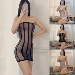 Women Sexy Strapless Bobydoll See Through Bodycon Sheer Tube Dress Clubwear - Picture 1 of 21