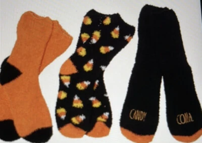 NEW $18 Rae Dunn 3 Pairs Fuzzy Cozy Halloween Candy Coma Corn Socks Womens Gift - Image 1 of 4