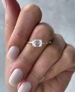 Lab Grown 1Ct Emerald Cut IGI Certified CVD Diamond 14K Gold East West Ring - Picture 1 of 16