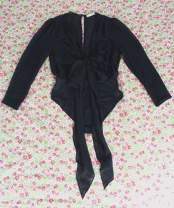 Sheike Bodysuit Womens size 6 Black Long Sleeve Sheer Tie Bust V Neck Slit NWD - Picture 1 of 20