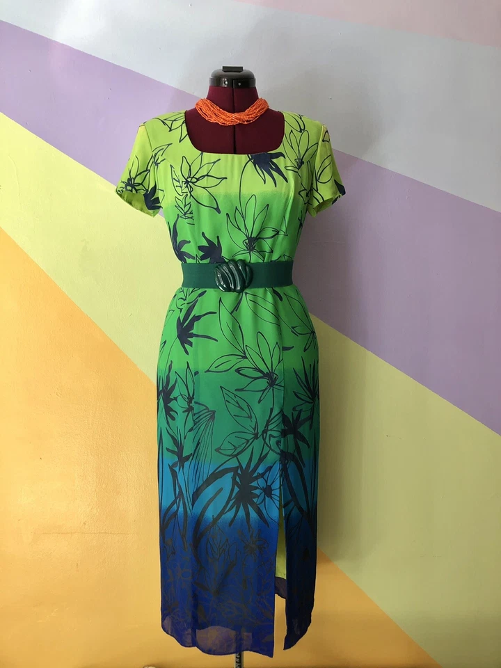 Vintage 90s Tie Dye Blue & Green  Hawaiian Floral Party Hot Teacher Maxi Dress - Image 1 of 4