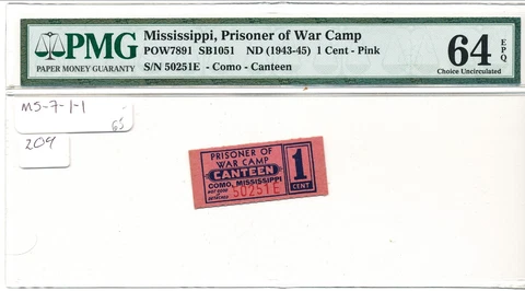 USA WWII POW Camp Chits MS-7-1-1 Como, MS 1 Cent Prisoner of War PMG64EPQ Cover