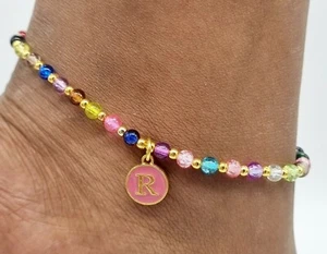 Personalised Glass Bead elastic ankle bracelet foot anklet with initial 25cm - Picture 1 of 2