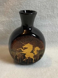 Vintage Otagiri Small Black Vase with Gold Unicorn Design (Bulb Shape) - Picture 1 of 6