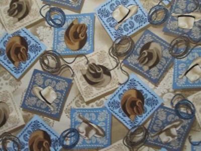 COWBOY HATS BANDANA ROPES LASSO WESTERN BLUE BEIGE COTTON FABRIC BTHY - Image 1 of 4