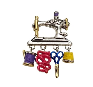 Best Sewing Machine Brooch Pendant, Needle Scissors Thread Charm Pin, Signed - Picture 1 of 9