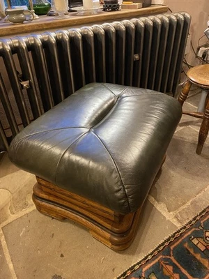 Large Dark Green Leather And Oak Footstool Pouffe heavy quality  - Image 1 of 4