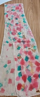 Silk Scarf, 67x7.5, White Pink And Turquoise, No Tags - Image 1 of 4