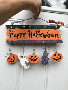 VTG Halloween Primitive Wood Sign Happy Halloween Hanging Ghost Witch Pumpkin - Picture 1 of 8