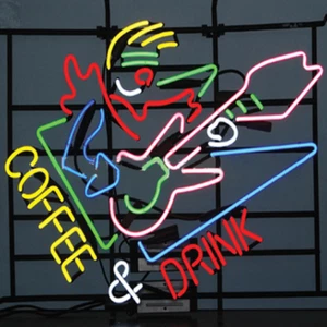 Coffee and Beer Rock Guitarist Real Glass Neon Sign Light Store Hanging 24"x20" - Bild 1 von 1