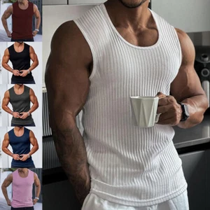 Hombres Sin Mangas Acanalado Liso Chaleco Prendas para el torso Deporte Culturismo Músculo Gimnasio Fitness Tanque - Imagen 1 de 25