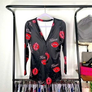 SHEIN Black Kisses Lips Print One Piece Romper - Picture 1 of 4
