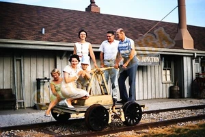 Vtg 1961 Train Slide Family on Erie Railroad Handcar at Station X3A137 - Picture 1 of 3