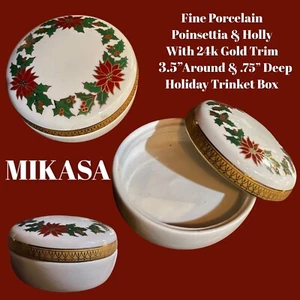 MIKASA Porcelana Poinsetia/Holly Borde Oro 24k 3.5” Caja Baratija Redonda Nueva con Etiquetas Sin Caja - Imagen 1 de 11