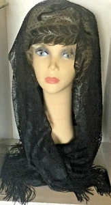 Vintage Black Lace Mantilla Prayer Scarf Shawl Wrap 25" by 51"+5"X2 frange - Picture 1 of 6